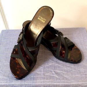 New Stuart Weitzman 8 N Cognac Brown BlackTortoise  Patent Wedge